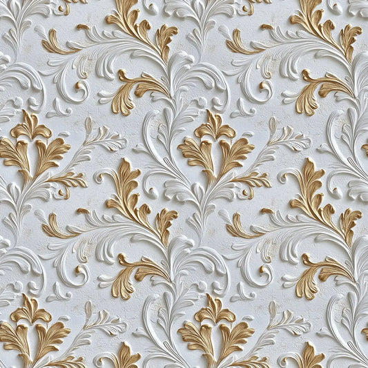 Barock-Ornament in Gold auf Hellblau – Arabesque Tapete Nahaufnahme