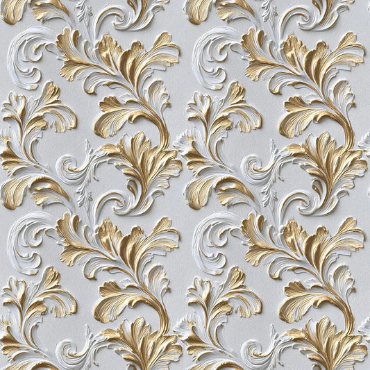 3D-Relief-Ornament mit goldenen Akanthusblättern auf Grau – Arabesque Tapete Nahaufnahme