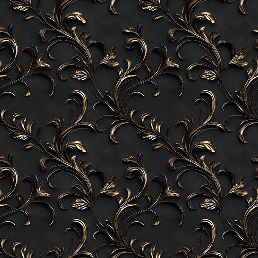 3D-Relief-Ranken in Gold auf Mattschwarz – Arabesque Tapete Nahaufnahme