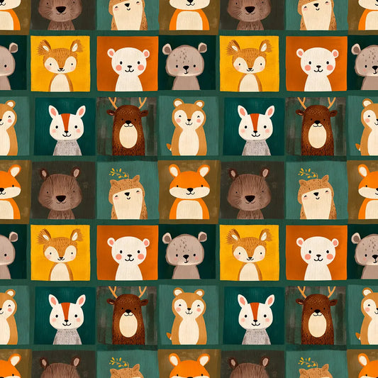Tapete Kinderzimmer Waldtiere Quadrate Original Detailansicht – Petrol, Orange, Gelb, Braun, Gruen, selbstklebend