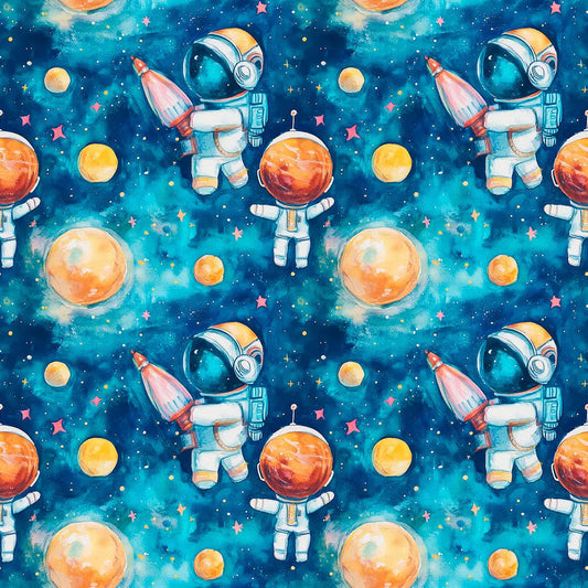 Tapete Kinderzimmer Astronaut Weltraum Detailansicht – Dunkelblau, Tuerkis, Orange, Gelb, Weiss, selbstklebend