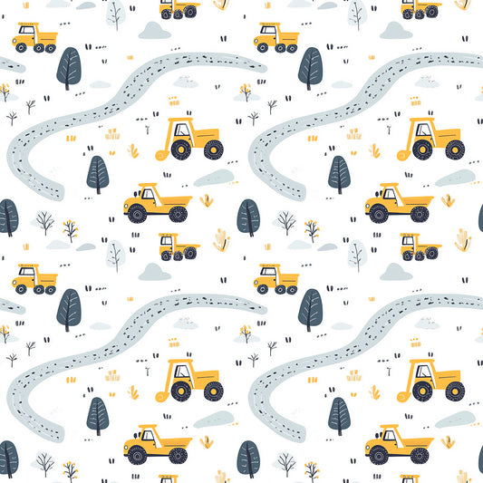 Fototapete Kinderzimmer mit Baustellenfahrzeugen und Straßenmuster