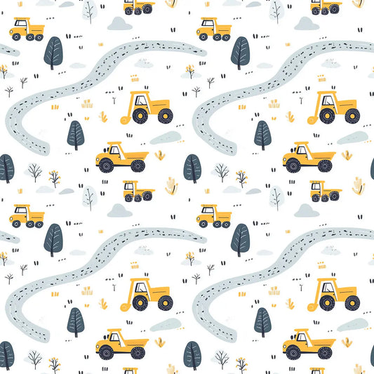 Tapete Kinderzimmer Baufahrzeuge Landschaft Detailansicht – Gelb, Orange, Petrol, Gruen, Weiss, selbstklebend