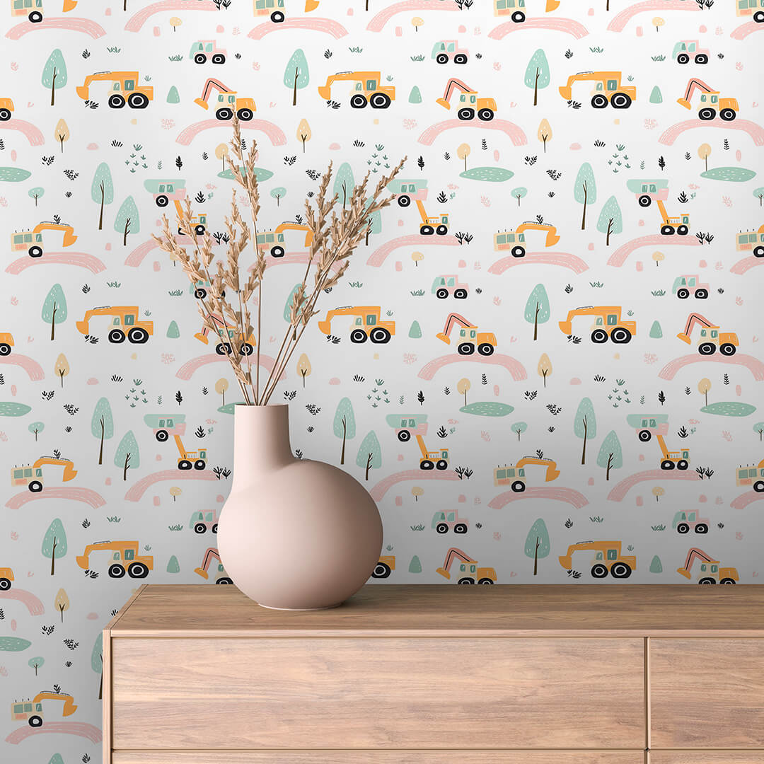 Fototapete Kinderzimmer mit Baggern und Baustellenmotiv