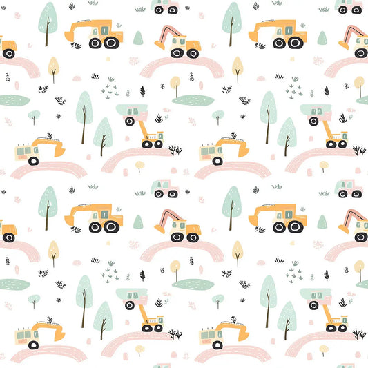 Tapete Kinderzimmer Baustelle Bagger Detailansicht – Gelb-Orange, Mintgrün, Rosa, Weiß, Schwarz, selbstklebend