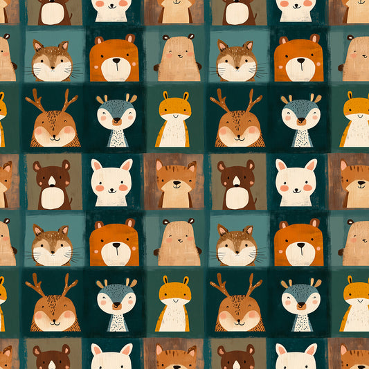 Fototapete Kinderzimmer mit Waldtieren und Karomuster