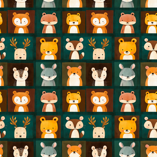 Fototapete Kinderzimmer mit Waldtieren in bunten Quadraten
