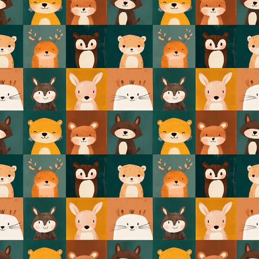 Fototapete Kinderzimmer mit niedlichen Waldtieren im Rasterdesign