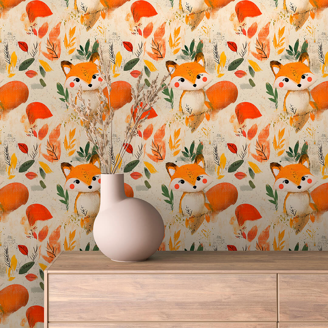 Fototapete Kinderzimmer mit Fuchs und bunten Blättern