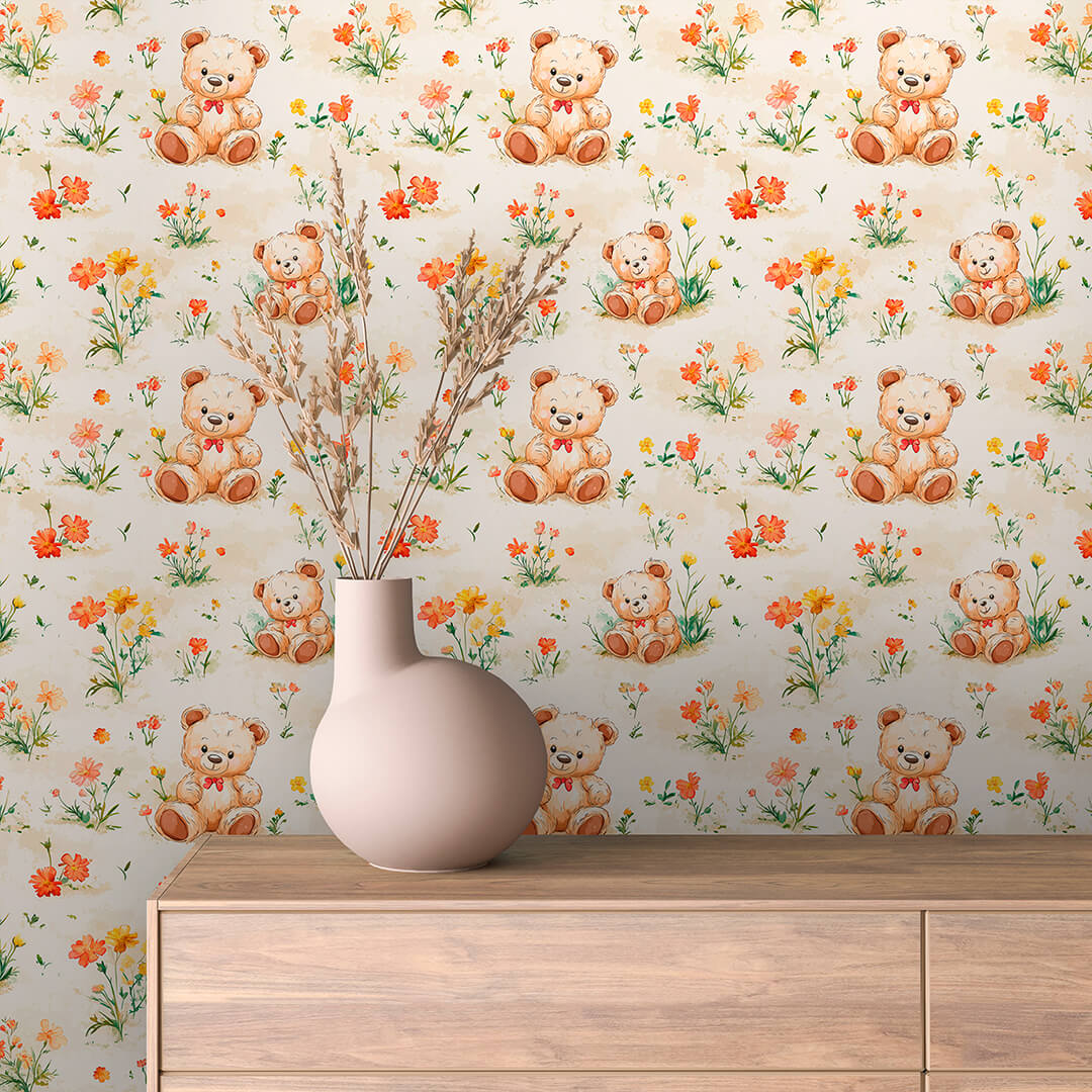 Fototapete Kinderzimmer mit Teddybären und Blumenwiese