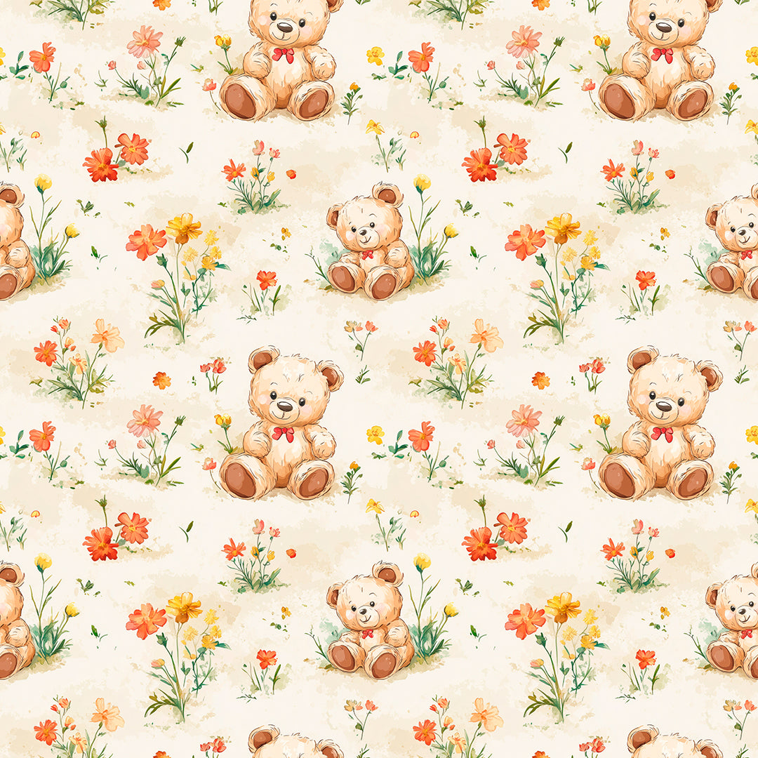 Fototapete Kinderzimmer mit Teddybären und Blumenwiese
