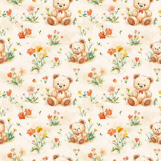 Tapete Kinderzimmer Teddybaer Blumenwiese Detailansicht – Hellbraun, Orange, Gelb, Rosa, Creme, selbstklebend