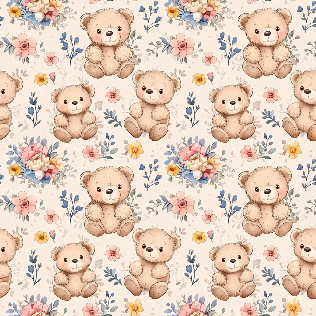 Fototapete Kinderzimmer mit Teddybären und Blumen