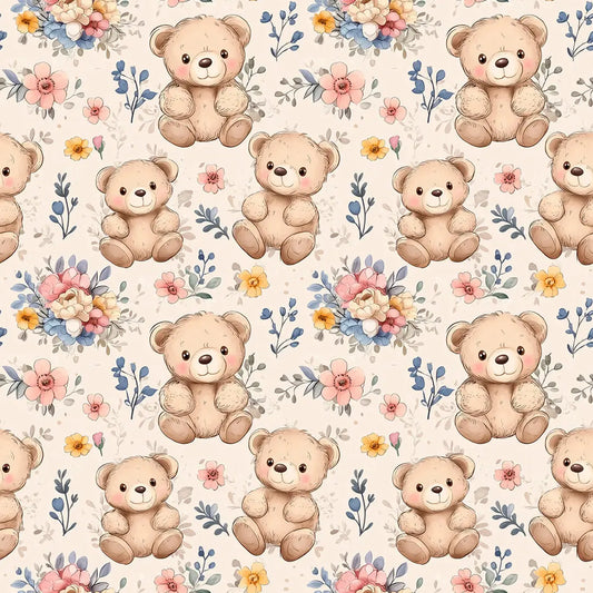 Tapete Kinderzimmer Teddybaer Blumenwiese II Detailansicht – Creme, Hellbraun, Rosa, Blau, Gelb, selbstklebend