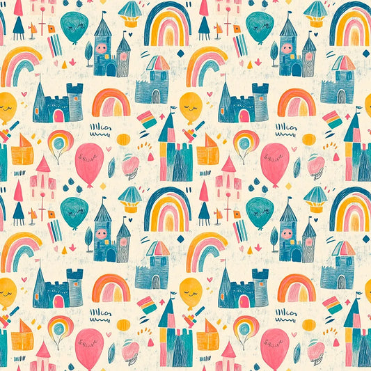 Tapete Kinderzimmer Maerchenschloss Bunt Detailansicht – Tuerkis, Pink, Gelb, Rot, Creme, selbstklebend