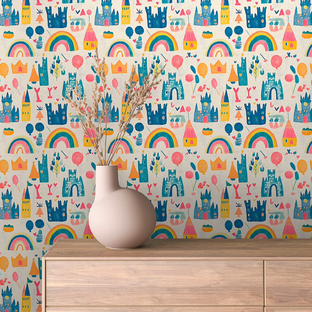 Bunte Schloss-Tapete mit Regenbögen, Sternen & Wolken – PVC-frei, selbstklebend, Made in Germany, ideal fürs Babyzimmer, mit schnellem Versand.