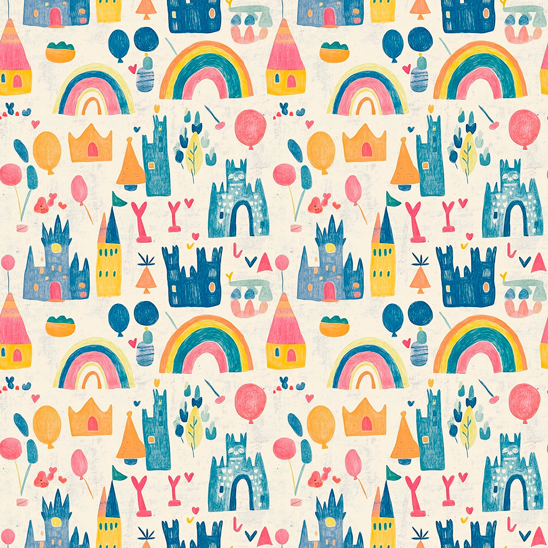 Bunte Schloss-Tapete mit Regenbögen, Sternen & Wolken – PVC-frei, selbstklebend, Made in Germany, ideal fürs Babyzimmer, mit schnellem Versand.