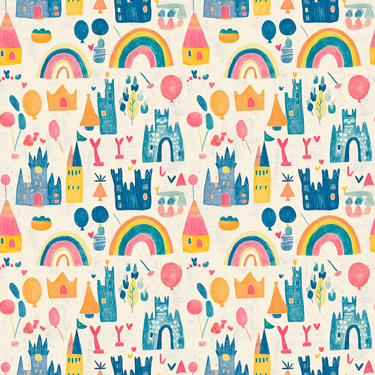 Bunte Schloss-Tapete mit Regenbögen, Sternen & Wolken – PVC-frei, selbstklebend, Made in Germany, ideal fürs Babyzimmer, mit schnellem Versand.