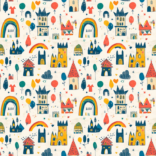 Künstlerisch illustrierte Babyzimmer-Tapete mit Regenbögen, Schlössern & Ballons – PVC-frei, Made in Germany, schnell & einfach anzubringen.