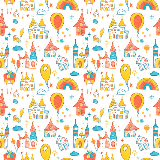 Verspielte Kinderzimmer-Tapete mit Ballons, Schlössern & Regenbögen – PVC-frei, Made in Germany, einfach anzubringen & schnell geliefert.