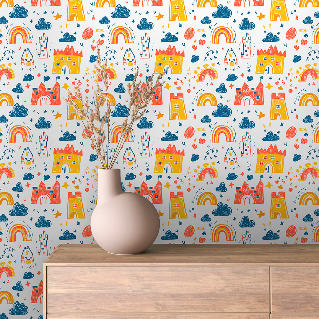 Bunte Schloss-Tapete mit Regenbögen, Sternen & Wolken – PVC-frei, selbstklebend, Made in Germany, ideal fürs Babyzimmer, mit schnellem Versand.