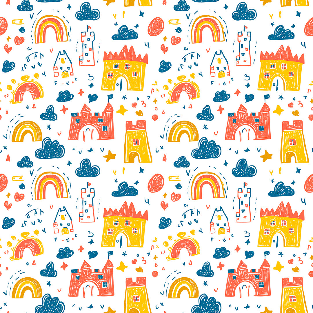 Bunte Schloss-Tapete mit Regenbögen, Sternen & Wolken – PVC-frei, selbstklebend, Made in Germany, ideal fürs Babyzimmer, mit schnellem Versand.