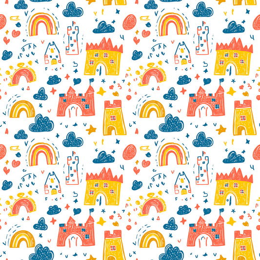 Bunte Schloss-Tapete mit Regenbögen, Sternen & Wolken – PVC-frei, selbstklebend, Made in Germany, ideal fürs Babyzimmer, mit schnellem Versand.