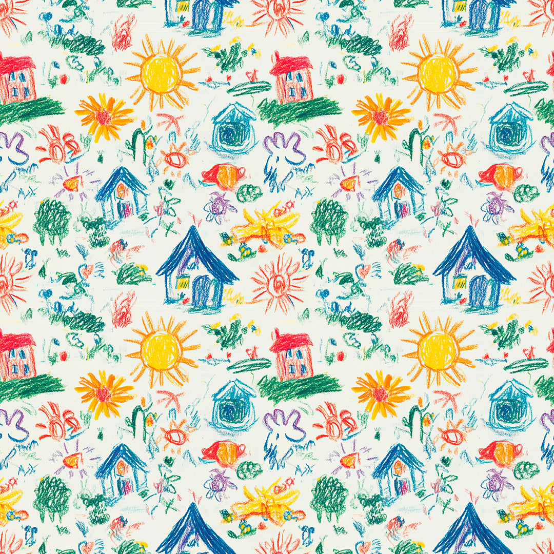 Fröhliche Kinderzeichnung-Tapete mit Sonnen, Häusern & Blumen – PVC-frei, selbstklebend, Made in Germany, ideal fürs Babyzimmer, mit schnellem Versand.