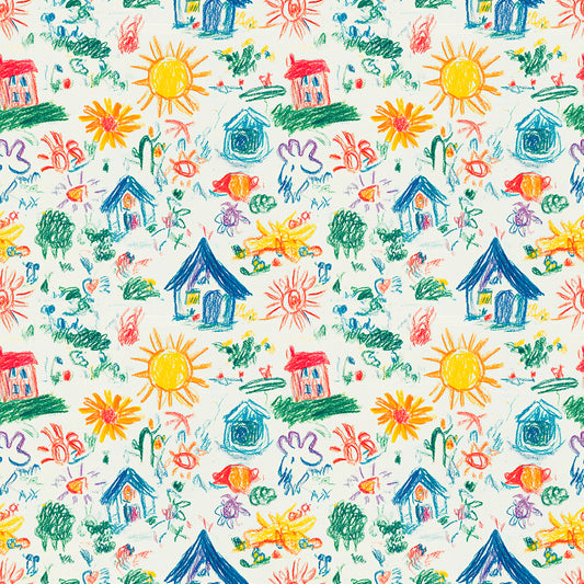 Fröhliche Kinderzeichnung-Tapete mit Sonnen, Häusern & Blumen – PVC-frei, selbstklebend, Made in Germany, ideal fürs Babyzimmer, mit schnellem Versand.