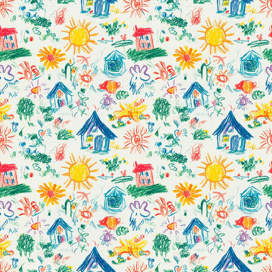 Tapete Kinderzimmer Kinderzeichnung Garten Detailansicht – Blau, Gelb, Rot, Gruen, Orange, selbstklebend