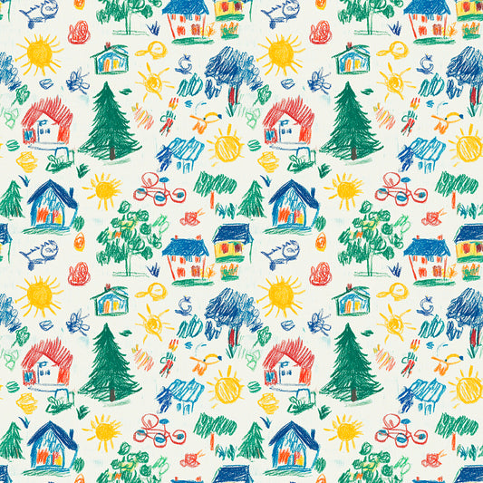 Haus-Tapete im Kinderzeichenstil mit Tannen, Tieren & Sonne – PVC-frei, selbstklebend, Made in Germany, ideal fürs Babyzimmer, mit schnellem Versand.