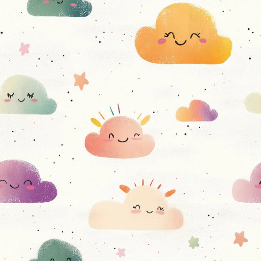 Tapete Kinderzimmer Wolken Gesichter Bunt Detailansicht – Gelb, Salbeigruen, Lila, Rosa, Beige, selbstklebend