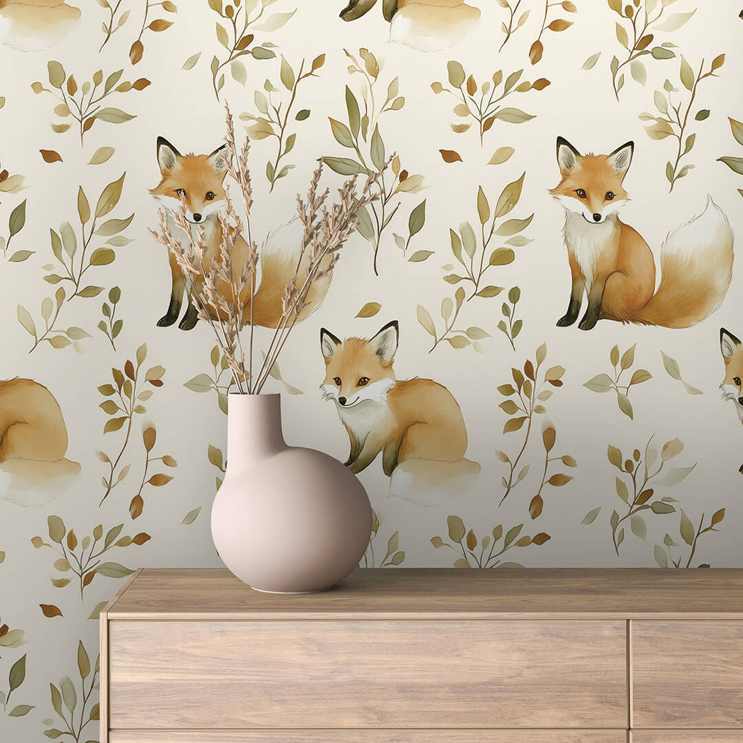 Fuchs-Tapete fürs Babyzimmer – Aquarellstil mit Waldmotiv, PVC-frei, selbstklebend, Made in Germany, mit schnellem Versand.
