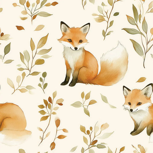 Tapete Kinderzimmer Fuechse Herbstlaub Aquarell Detailansicht – Orange, Creme, Salbeigruen, Braun, Weiss, selbstklebend