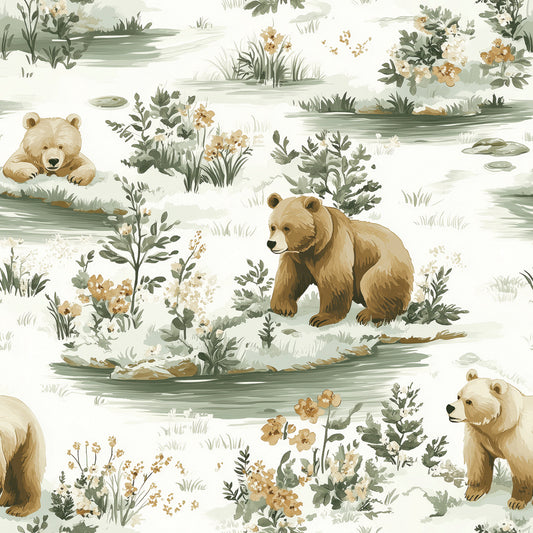 Bären-Tapete im Aquarellstil mit Waldmotiven – PVC-frei, selbstklebend, ideal fürs Babyzimmer, Made in Germany, schneller Versand inklusive.