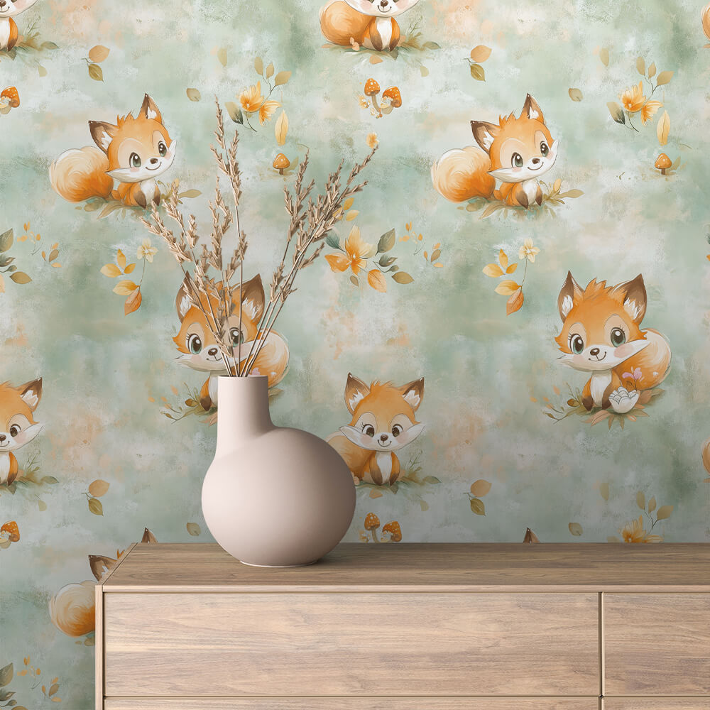Wald-Fuchs-Tapete im Aquarellstil – PVC-frei, selbstklebend, Made in Germany, ideal fürs Babyzimmer, mit schnellem Versand.