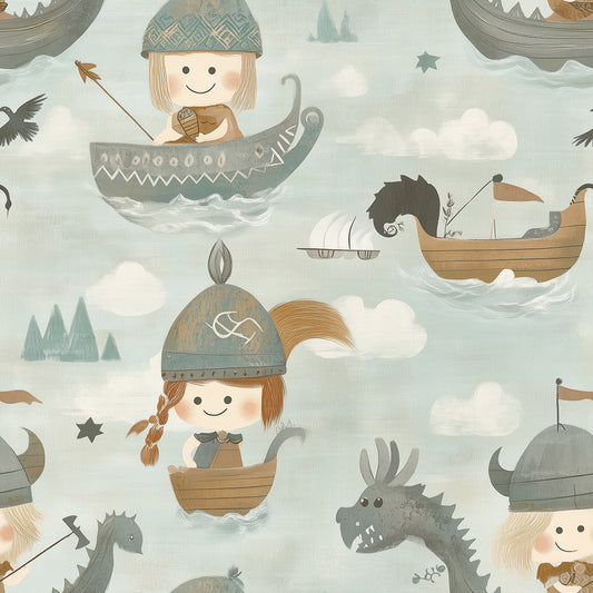 Wikinger-Tapete mit Booten, Figuren & Drachen – PVC-frei, selbstklebend, Made in Germany, ideal fürs Kinderzimmer, mit schnellem Versand.