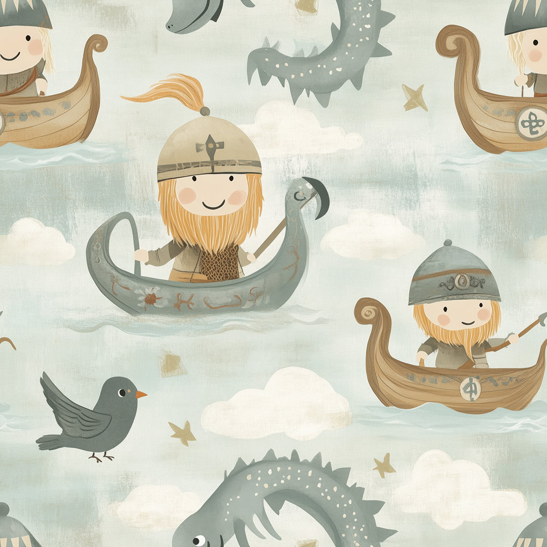 Wikinger-Tapete mit Drachen, Booten & Figuren – PVC-frei, selbstklebend, Made in Germany, perfekt fürs Babyzimmer, mit schnellem Versand.