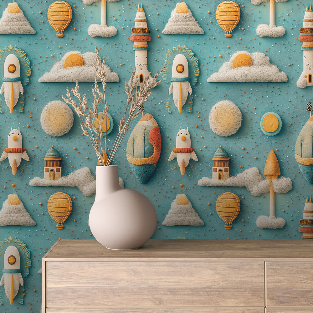 Weltraum-Tapete mit Raketen, Wolken & Ballons – ideal fürs Babyzimmer Kitas und Nursery PVC-frei selbstklebend Made in Germany schneller Versand.