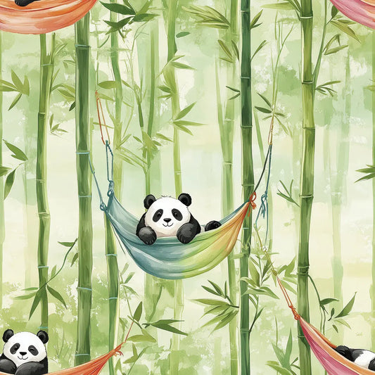 Tapete Kinderzimmer Panda Haengematte Bambus Detailansicht – Gruen, Orange, Tuerkis, Weiss, Schwarz, selbstklebend