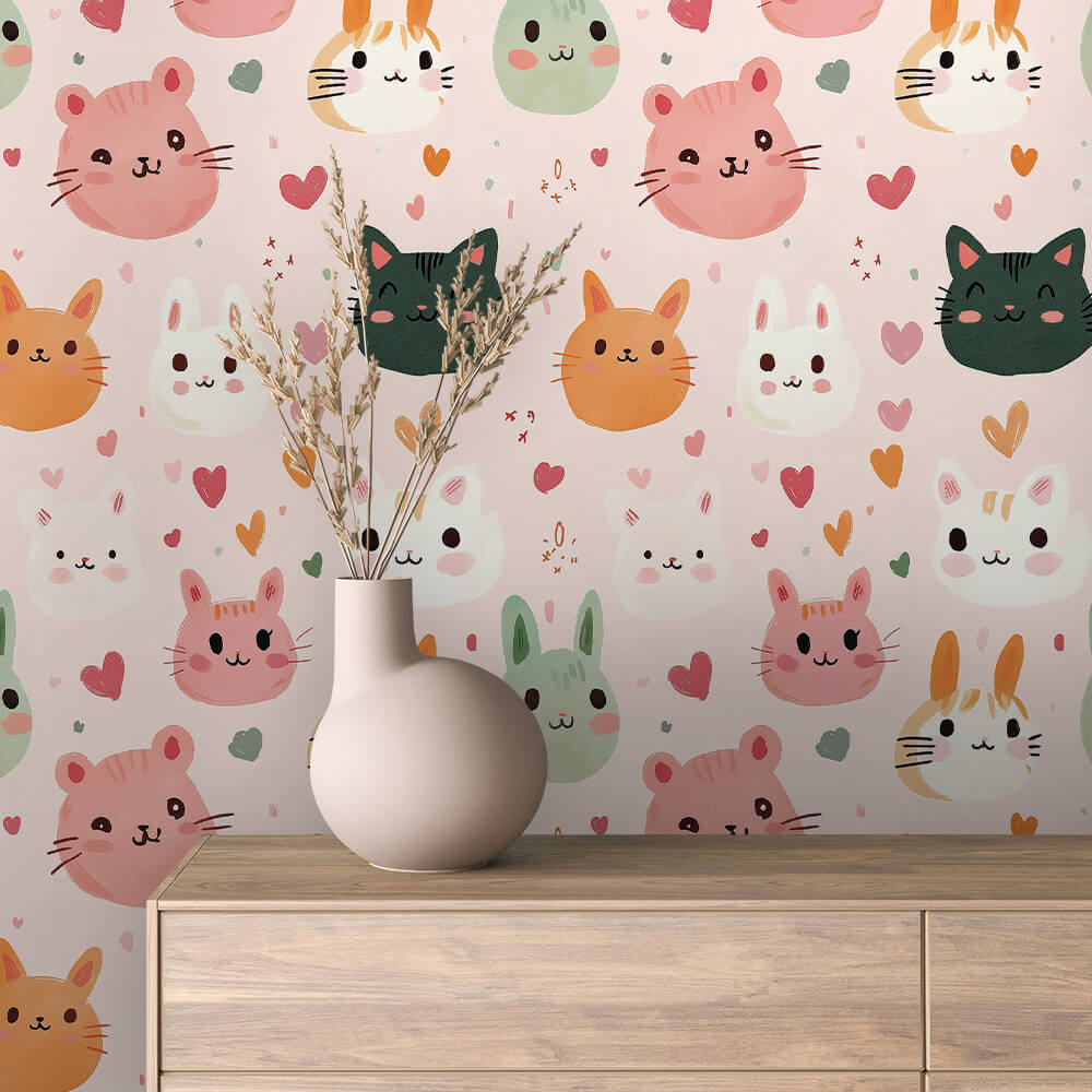 Tiergesichter-Tapete fürs Babyzimmer – mit Herzchen & süßen Häschen, Katzen & Bärchen | PVC-frei Made in Germany schneller Versand inklusive