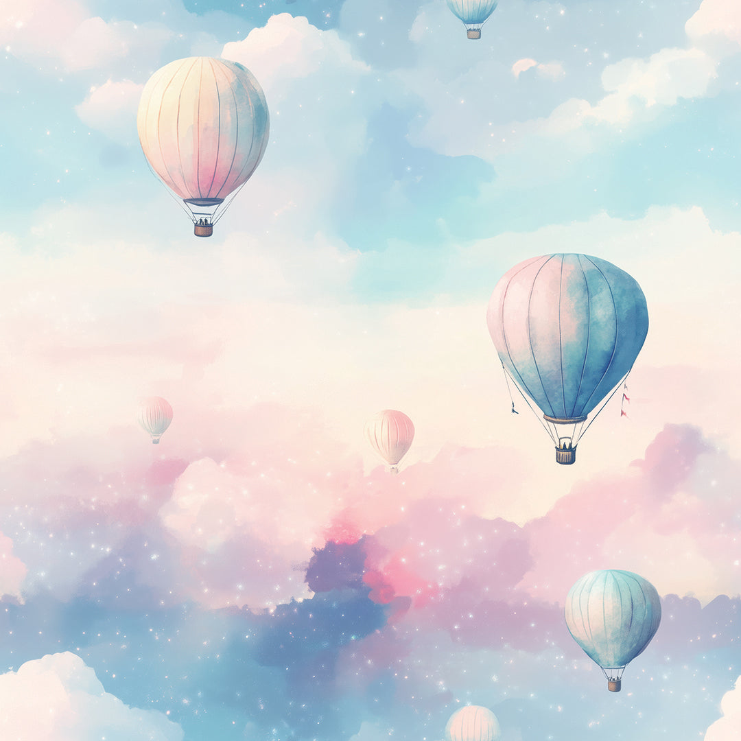 Zarte Tapete mit Ballons & Aquarell-Himmel – PVC-frei, selbstklebend, Made in Germany, ideal fürs Babyzimmer, mit schnellem Versand.