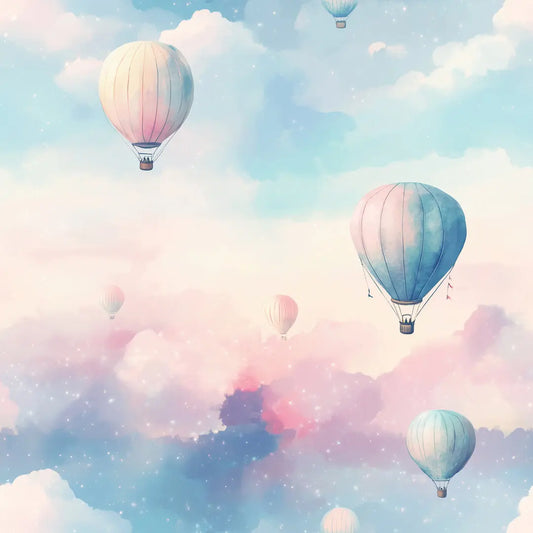Tapete Kinderzimmer Ballons Pastellwolken Himmel Detailansicht – Hellblau, Rosa, Pfirsich, Lila, Weiss, selbstklebend