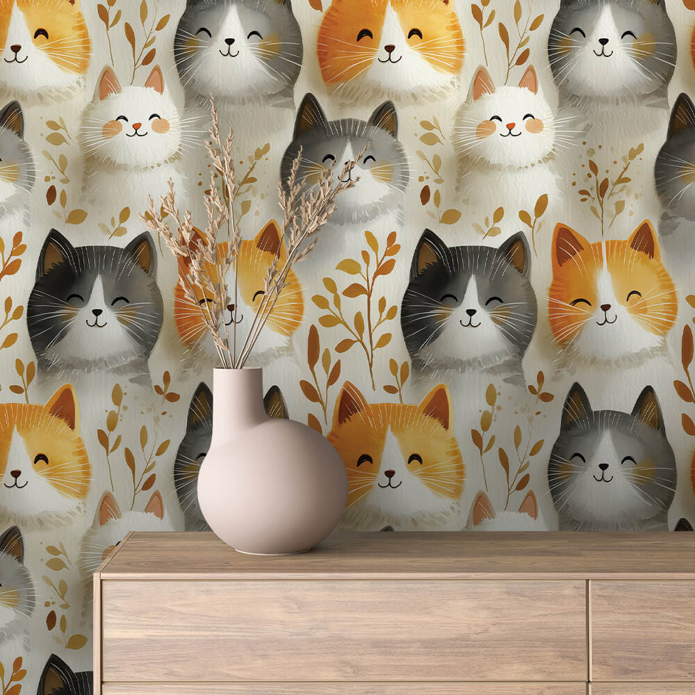 Niedliche Katzen-Tapete in Naturtönen PVC-freie Tapete schneller Versand▪️Einfach abziehen, aufkleben, fertig! Made in Germany PCC FoliaConcept