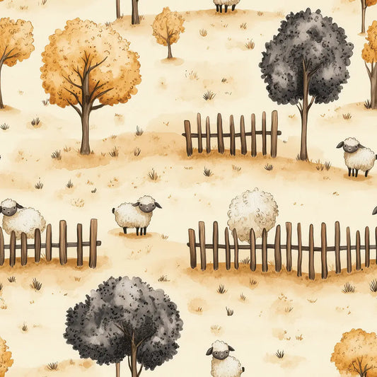 Tapete Kinderzimmer Schafe Herbstweide Detailansicht – Goldgelb, Orange, Braun, Grau, Creme, selbstklebend