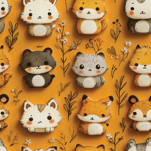 Tapete Kinderzimmer Waldtiere Orange Kawaii Detailansicht – Orange, Beige, Grau, Braun, Creme, selbstklebend