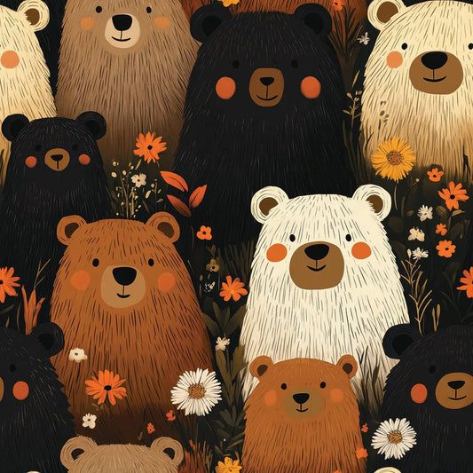 Tapete Kinderzimmer Bären Blumenfeld Dunkel Detailansicht – Schwarz, Braun, Creme, Orange, Dunkelgrün, selbstklebend