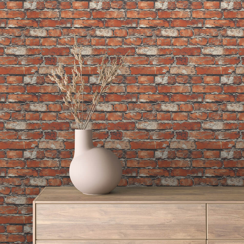 3D-Ziegel Wandfolie in Vintage-Rot mit rustikaler FugenoptikPVC-frei & selbstklebend – PCC FoliaConcept