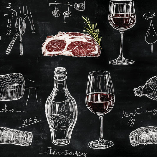 PVC-freie Mustertapete schneller Versand▪️Selbstklebend Made in Germany Tafel-Tapete mit Steak, Rotwein & Flaschen im Chalkstyle