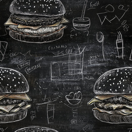 Tapete mit Burgern & Kritzeleien im Blackboard-Design PVC-frei schneller Versand▪️selbstklebend Made in Germany PCC FoliaConcept